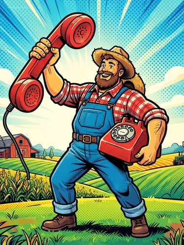 bold pop art illustration of a friendly farmer holding a giant telephone like a comic book superhero, thick black outlines, halftone dots, highly saturated colors, flat vector
