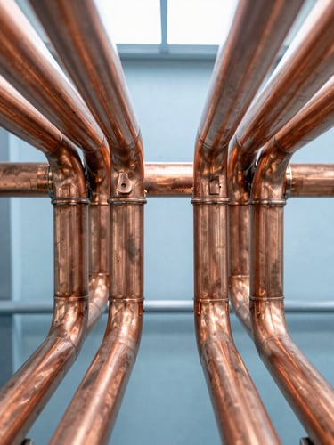 Symmetrical close-up of clean copper piping arrays with immaculate solder joints in a modern mechanical room, bright natural utility lighting, cool blue tones