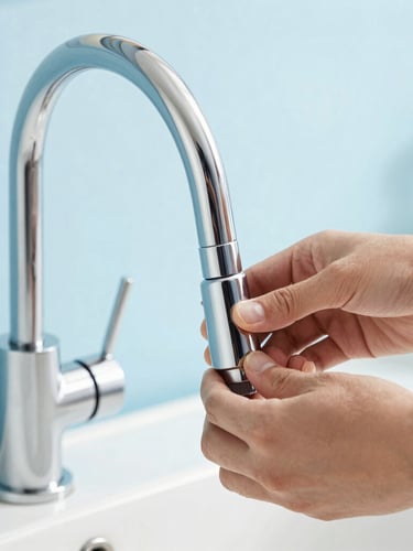 Close-up of hands installing a modern chrome kitchen faucet, clean editorial photography, bright natural utility lighting, cool blue tones, sharp focus