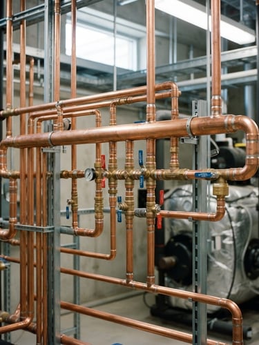Close-up of clean copper piping arrays in a modern mechanical room, bright natural utility lighting, sharp focus, 35mm