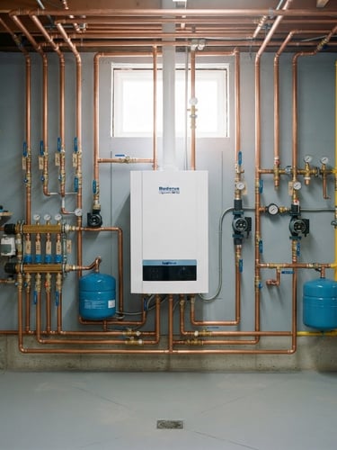 Symmetrical environmental shot of a completed residential boiler room, immaculate copper piping arrays with clean soldering, bright natural utility lighting, 35mm