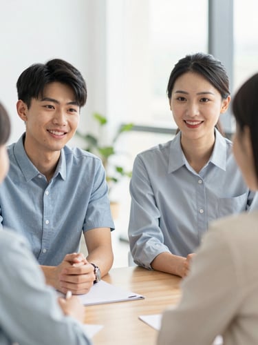 Warm collaborative consultation between an advisor, a student, and their parents in a modern office, soft natural daylight, medium close-up, over-the-shoulder shot, clean composition, portrait aspect, shallow depth of field