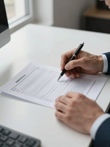 Close-up of a professional's hands reviewing printed financial documents on a clean office desk, natural window light from the left, pen resting on paper, a keyboard visible at the edge of frame