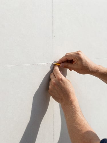 Close-up portrait shot of a skilled tradesperson meticulously taping drywall seams, clean white dust, bright natural daylight, high-contrast, sharp focus