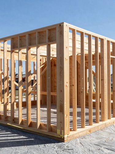 Wide shot of a modern residential timber frame under construction, bright natural Alberta daylight, high-contrast shadows, sharp focus on the joinery, 35mm lens