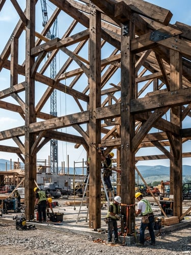 High-contrast image of timber framing on an active construction site with bright Alberta daylight, sharp focus, bleeding right edge.
