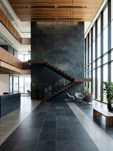 Wide shot of a modern, newly completed commercial interior with clean lines and high-quality finishes, bright natural daylight, high-contrast, slate and timber tones.