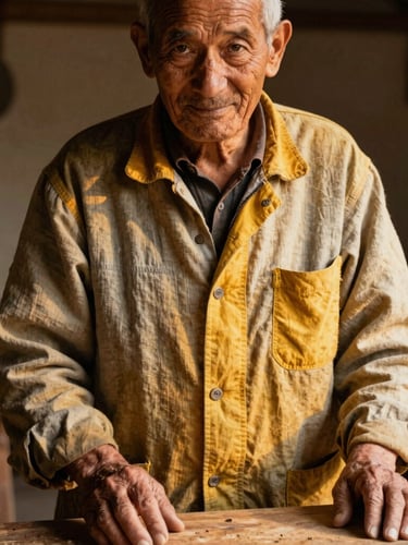 Portrait of an elderly craftsman with kind eyes, wearing a well-worn but vibrant SAF cotton-linen work jacket, hands gently resting on a wooden workbench, soft golden-hour light illuminating the texture of the fabric and the wood, shallow depth of field, natural environment.