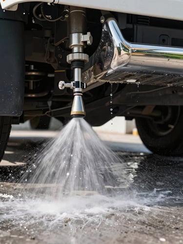 Close-up of high-pressure water spray blasting heavy grime off a truck undercarriage in a modern wash bay, dramatic lighting, water droplets
