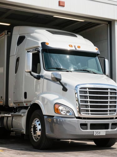 Low-angle shot of a massive commercial semi-truck entering a high-clearance wash bay, bright industrial lighting, metallic reflections, 35mm lens