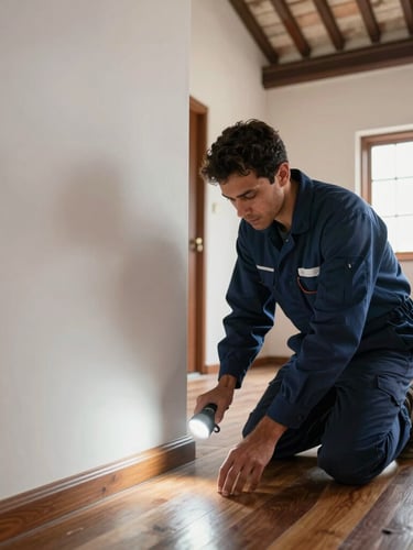 A clean, orderly residential apartment interior in Graça, Salvador, with traditional high ceilings, a professional technician in a clean navy uniform inspecting a wooden baseboard with a flashlight, bright natural daylight.