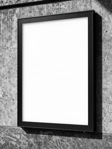 Harsh direct flash, high contrast black and white photo of a printed billboard mockup pasted on a gritty concrete urban wall in New York, extreme wide angle.