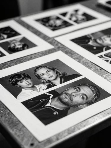 Gritty editorial black and white photograph of raw behind-the-scenes creative work, stark close-up of printed campaign mockups on a metal table, harsh direct flash.