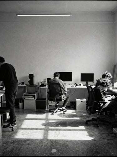 Wide off-center architectural crop of a stark creative studio, unposed team members working under harsh direct sunlight, deep dramatic shadows, black and white 35mm film grain.