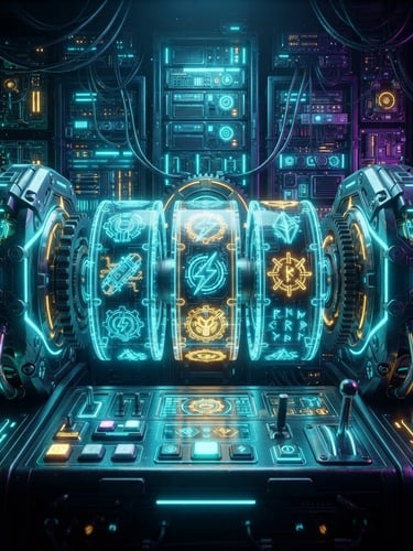 Vibrant 3D render of glowing cybernetic server locks and neon cyan slot reels, high-tech digital gaming interface, dark background, octane render