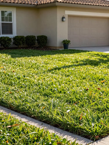 Crisp morning sunlight on a perfectly striped green lawn with sharp concrete edging, clean Florida stucco home in background, 35mm