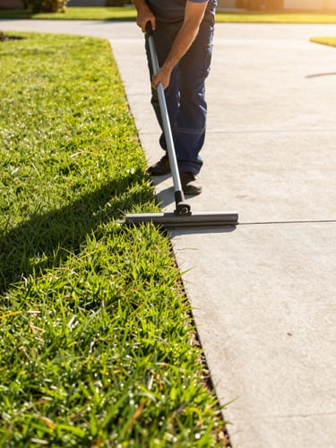 A professional landscaper in a clean uniform operating a precision edger along a concrete driveway, creating a perfectly straight, crisp turf line, morning sunlight.
