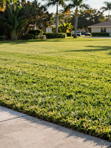Wide shot of a pristine, perfectly striped green lawn in Palm Coast Florida under crisp morning sunlight, sharp concrete driveway edging, tropical palms in the background, 35mm photography.