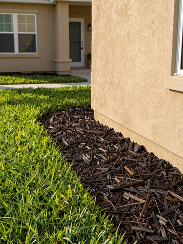 Crisp close-up photography of clean dark mulch lines next to a vibrant green lawn and a modern stucco Florida home, morning light, 35mm