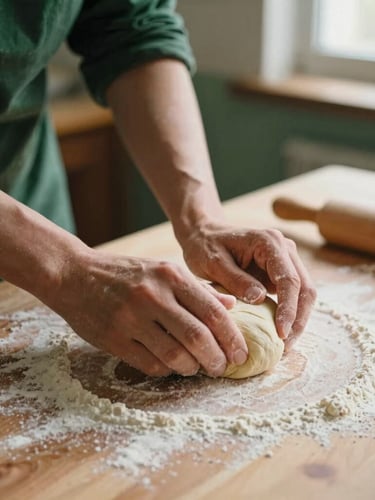 Close-up of hands shaping dough on a flour-dusted wooden table, soft side-lighting with natural shadows, warm terracotta tones, 35mm film.
