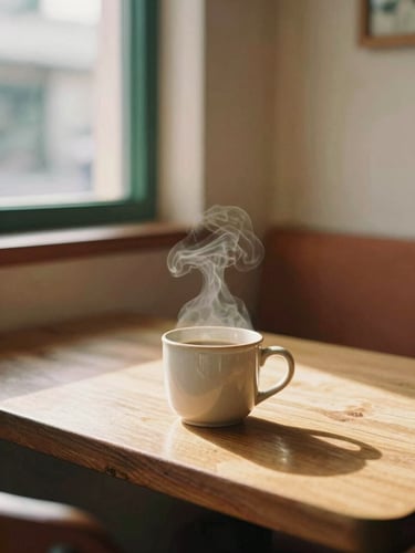 Soft warm golden-hour light hitting a single ceramic mug on a wooden table, steam rising gently, quiet empty corner of a minimalist Colombian cafe with terracotta accents, shallow depth of field, 35mm film.