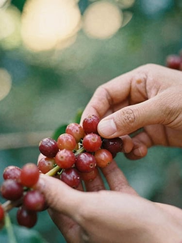 Close-up macro shot of hands gently selecting ripe red coffee cherries from a branch, soft morning light, shallow depth of field, 35mm film.