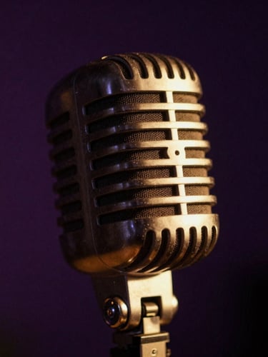 Extreme close-up of a vintage microphone in a dark studio, dramatic gold backlighting, heavy shadows, raw grain, cinematic atmosphere.
