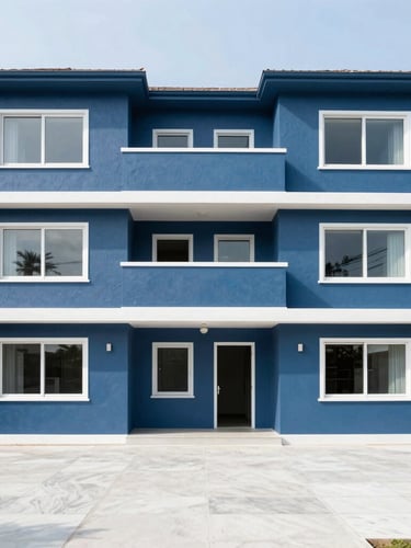 Wide shot of a freshly painted, immaculately clean commercial apartment unit interior, bright clean daylight, cool slate and deep blue tones, high-contrast, 35mm, no people, architectural, symmetrical
