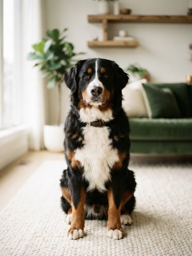 Eye-level portrait of a calm, well-behaved Bernese Mountain Dog sitting on a warm cream rug in a clean, modern living room, soft indirect light, shallow depth of field.