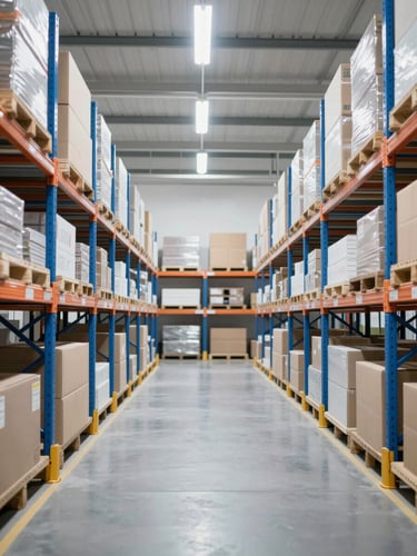 Interior of a modern, clean, organized warehouse with secure shelving units, bright even lighting, professional logistics environment.
