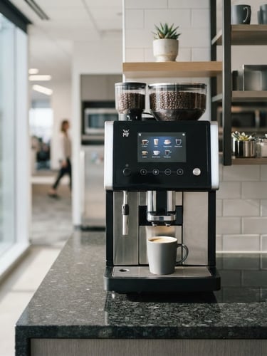 Crisp commercial bean-to-cup brewer on a clean granite countertop in a bright modern office breakroom, natural morning light, professional corporate color palette, 35mm lens