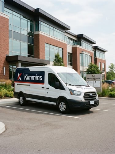 A clean commercial photograph of a branded Kimmins delivery van parked in front of a modern Niagara Falls business park, bright natural office light, 35mm lens