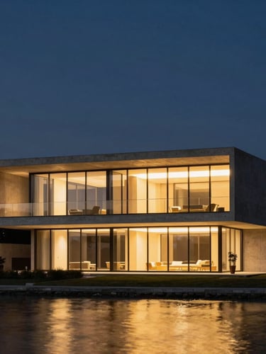 Architectural exterior of a minimalist concrete and glass villa at twilight, soft glowing interior lights, deep navy sky, golden hour reflection on water, 35mm