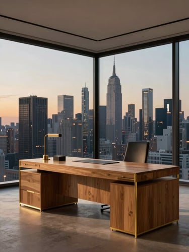 An elegant, empty minimalist office space with a large oak desk, brass details, and sweeping views of a metropolitan skyline at twilight, soft golden hour glow.