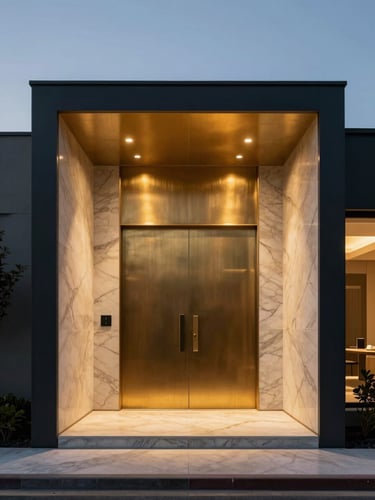 Minimalist luxury villa entrance at twilight, sharp focus, brass and marble detailing, soft golden light, 35mm