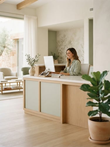 Luminous, serene interior of Clínica Clarisse reception area, featuring warm off-white walls, subtle sage accents, and soft Mediterranean daylight filtering through a large window, a discreet potted plant in the foreground, shallow depth of field, 35mm