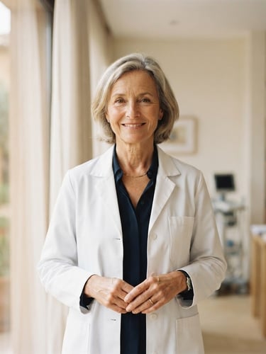 Serene portrait of a mature female doctor, Dra. Clarisse, with a warm, professional expression, wearing a lab coat, in a bright clinic setting with soft Mediterranean daylight, shallow depth of field.