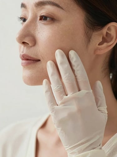 Elegant close-up of a female hand in a sterile glove gently touching a mature woman's cheek, conveying precision and human warmth, in soft natural daylight, shallow depth of field.