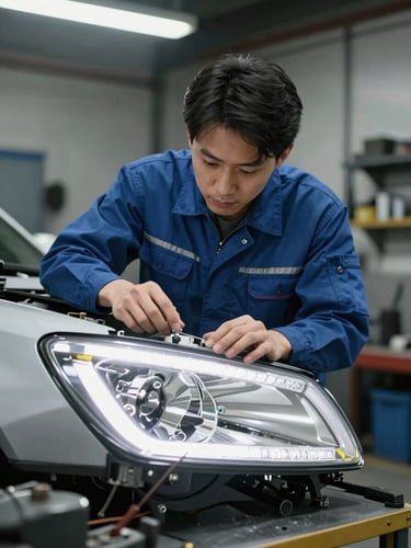 Straight-on medium shot of a mechanic in a clean uniform inspecting a headlight assembly under bright LED light in an organized workshop bay.