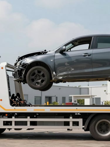 Straight-on eye-level shot of a modern flatbed tow truck lifting a damaged car in Bussy-Saint-Georges, bright natural overcast daylight, clean industrial background.