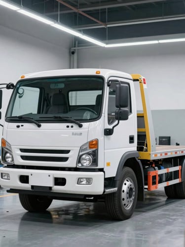 Straight-on eye-level medium shot of a clean, organized flatbed tow truck parked inside a bright, modern workshop bay under cool LED lighting.
