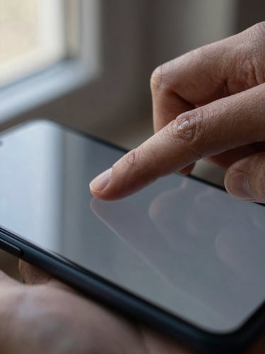 Extreme close-up of a hand resting on an Android phone screen mid-gesture, natural window light from the left, finger blur caught at the start of a swipe, dark matte device surface visible at the edges, no background detail