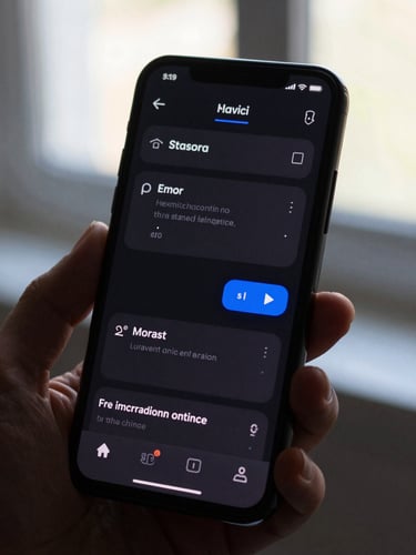 Full-screen capture of a clean Android app interface showing a navigation transition state, natural light hitting the device screen from a nearby window, high-contrast dark UI with a single electric blue interactive element, held in a hand at a slight angle