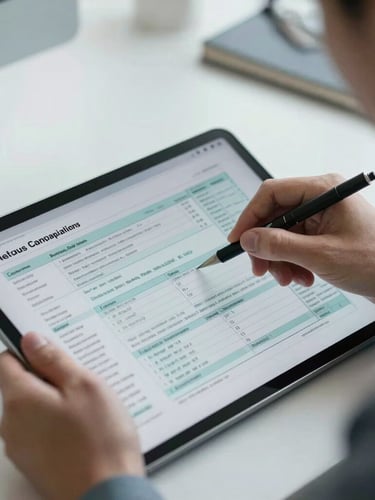 Close-up of a business professional reviewing tax compliance data on a tablet screen, cool natural daylight, clean desk setup.