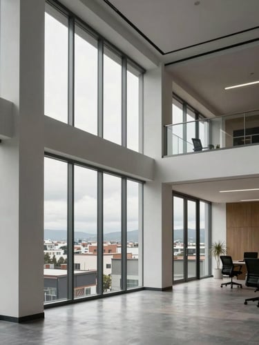 Modern clean office interior in Quito, large windows with soft daylight, structured architectural lines, professional and institutional atmosphere