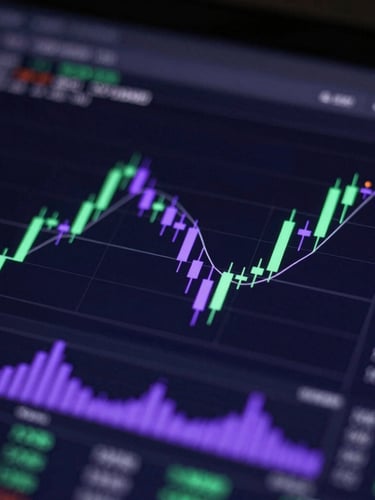 Macro shot of a high-tech trader dashboard, glowing green and purple candlestick charts on a dark screen, moody ambient backlighting, shallow depth of field