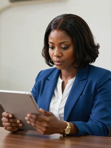A professional woman in a Lagos office looking at a tablet, natural ambient daylight, realistic saturated tones, 35mm documentary style, unposed