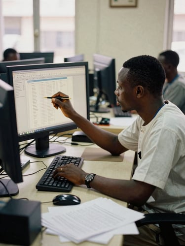A professional newsroom editor analyzing data on a screen in Lagos, warm natural light, unposed documentary style, 35mm photograph
