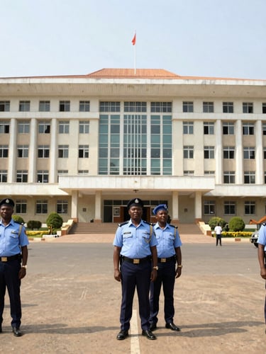 A wide-angle 35mm documentary photo of the National Assembly complex in Abuja under bright, natural daylight, unposed civic security guards in the foreground.