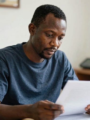 Close-up portrait of an experienced Nigerian male editor reviewing documents at a desk, natural ambient light, authentic 35mm photojournalism.